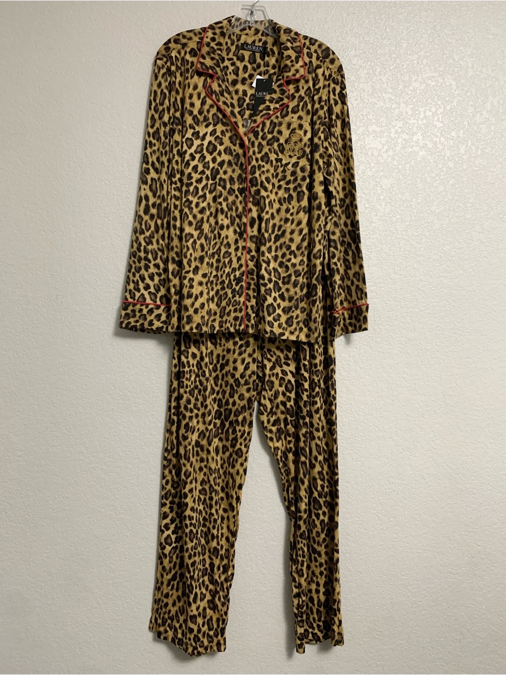 Lauren Ralph Lauren LRL Pajamas Set Womens L Leopard Print Monogram Shirt Pant